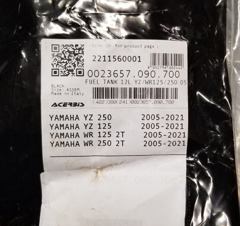 Acerbis Black 3.2 Gallon Fuel Tank 2211560001 Yamaha YZ 125 250 WR 125 250 2T