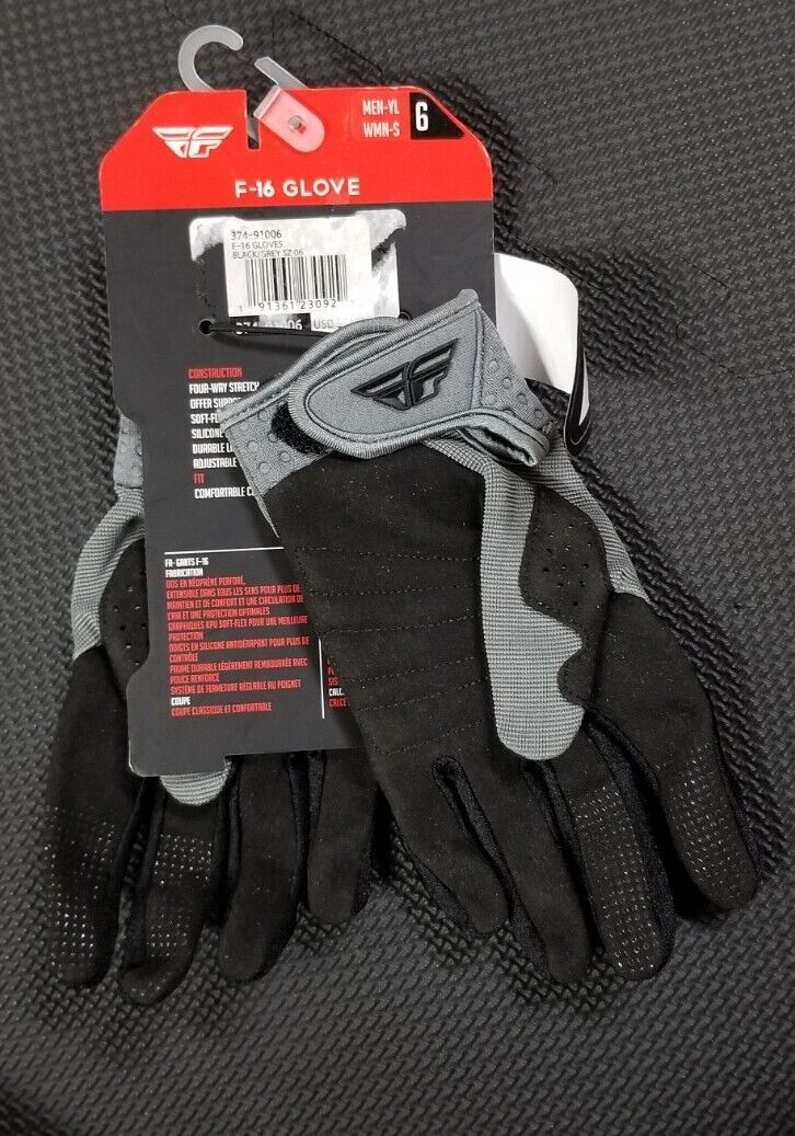 Fly F-16 Glove Youth Large Women's Small Black Gray 374-91106